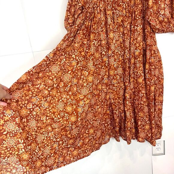 NWT Sundry Midi Dress Brown Orange Floral Cotton Boho Oversized Puff Sleeve S 1 - Picture 11 of 15